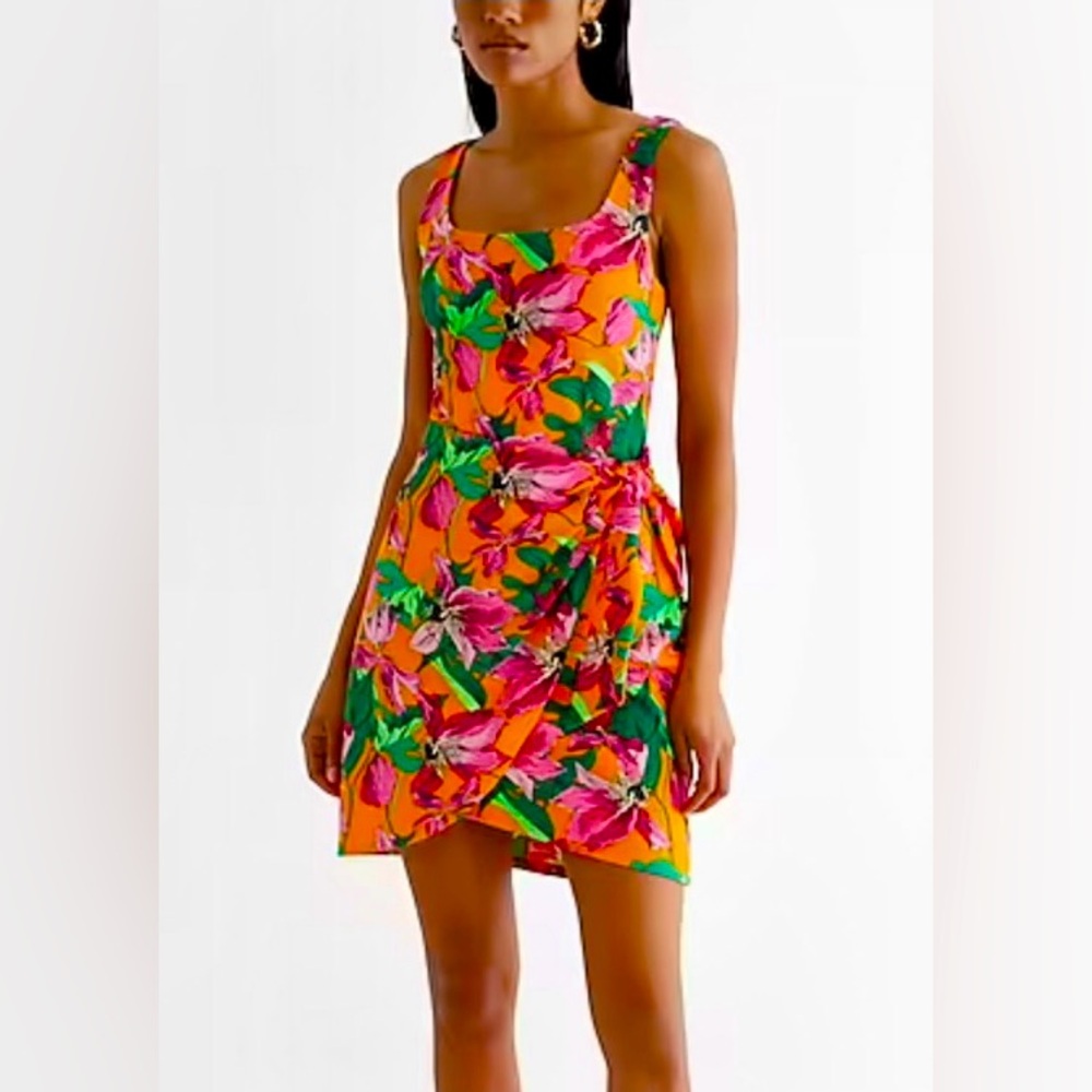 Express Floral Scoop Neck Wrap Front Tie Mini Dress XL